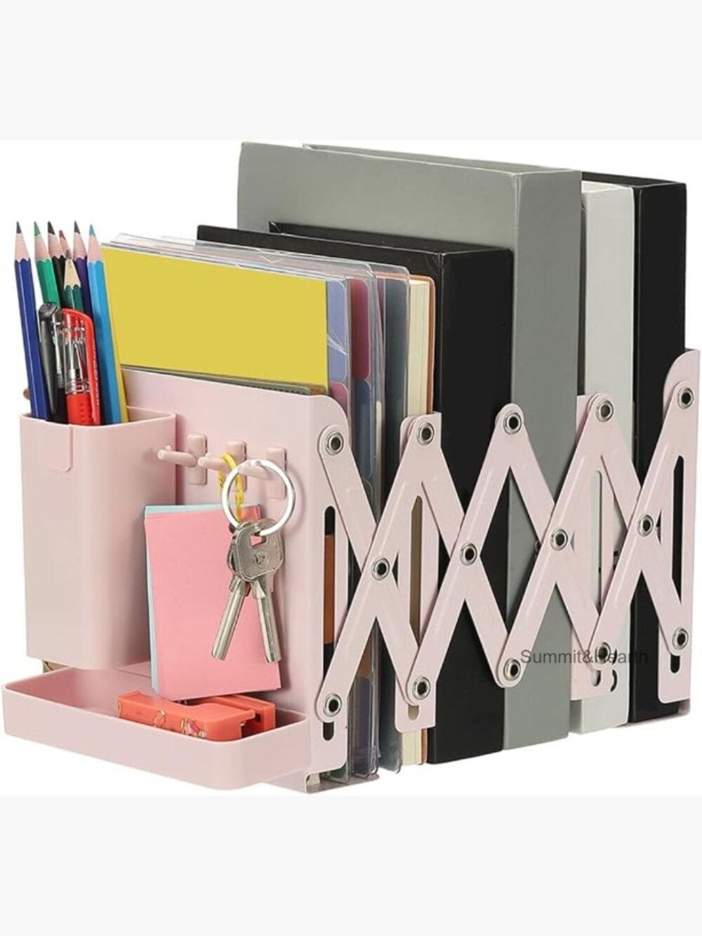 Heavy Duty Metal Adjustable Bookends with Pen Holder Tray and Hooks